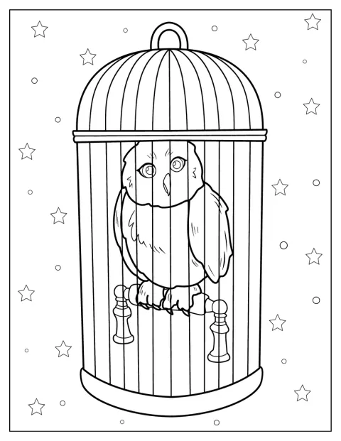Hedwig, de witte uil van Harry Potter, kijkt oplettend om zich heen.