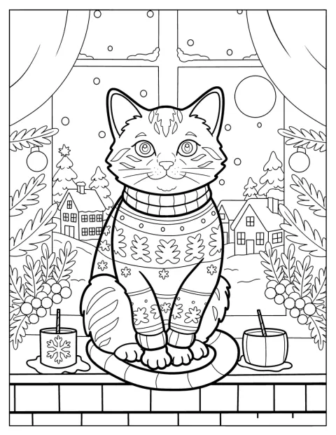 Un chat vêtu d’un pull de fête est assis près d’une fenêtre enneigée.