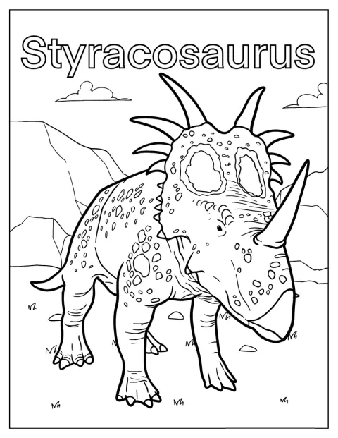 Styracosaurus stojí se vztyčenou hlavou a výraznými rohy.