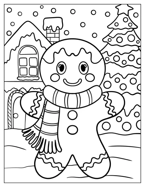マフラーを巻いたジンジャーブレッドマンが、クリスマスらしい飾りの中にいます。
