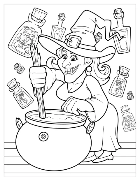 Grinning Witch Coloring Page Making Magic Potion