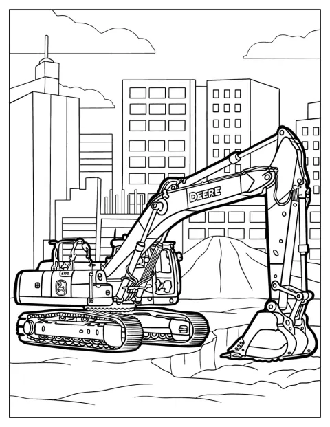 Una excavadora John Deere muestra su cabina, sus orugas y su brazo.