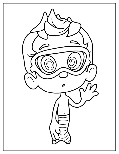 Gil porte des lunettes de plongée et fait signe de la main.