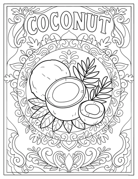 Cocos festivos e folhas formam uma mandala detalhada.
