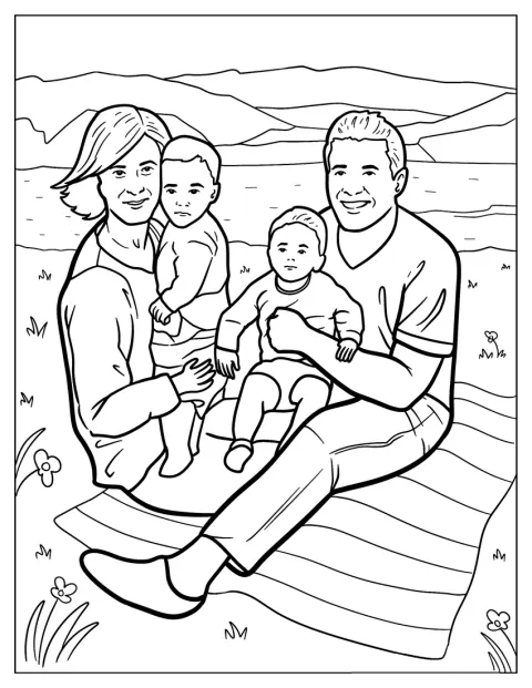 Una familia con niños pequeños disfruta de un pícnic junto a un lago.