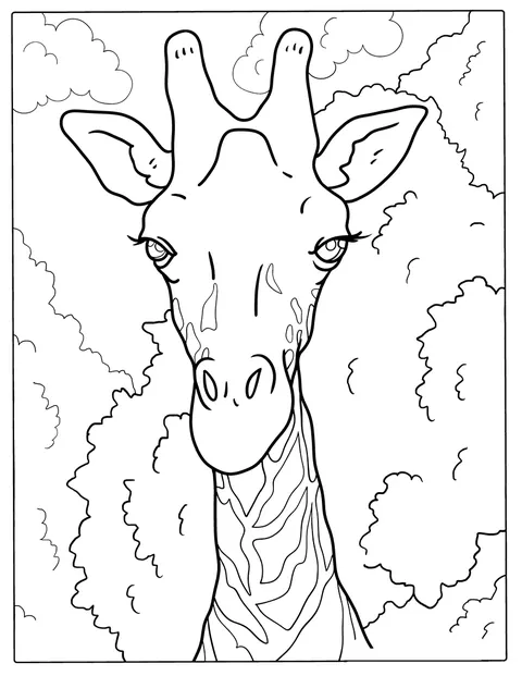 En giraff tittar rakt fram med sitt mönstrade ansikte.