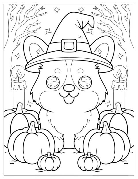Um corgi vestido de peregrino está junto de abóboras e velas.