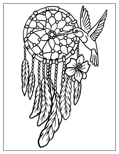 Un colibrì becca un acchiappasogni decorato con un fiore di ibisco.