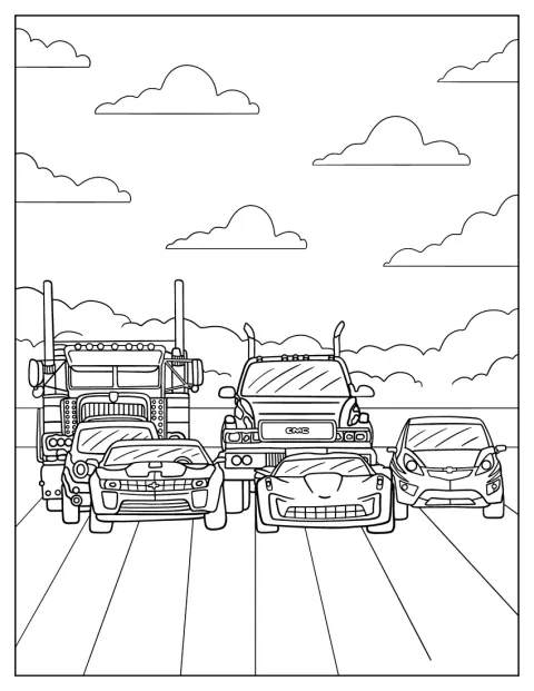 オートボットたちが車の姿で道路を走っています。