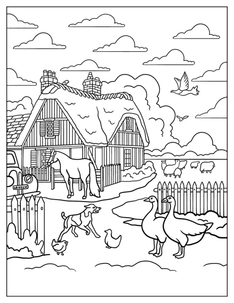 Auf der Zufahrt vor einem Cottage stehen mehrere Hoftiere.