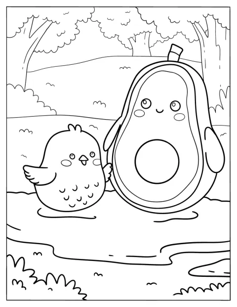 Cute Avocado Coloring Page Playing With A Bird On A Puddle