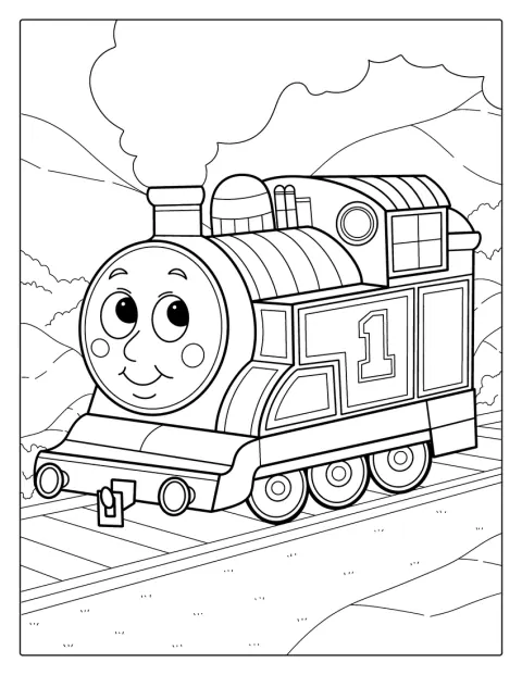 Thomas the Train stojí na kolejích v jednoduchém obrysovém provedení.