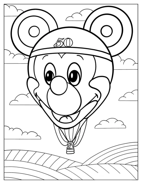 Mickey Mouse călătorește într-un balon cu aer cald pe cer.