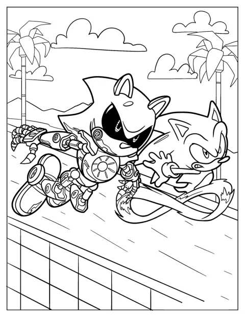 Metal Sonic och Sonic susar fram längs en väg.