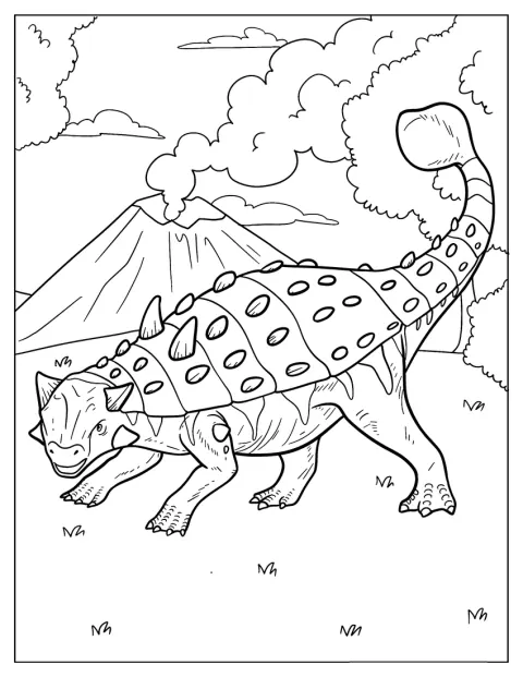 Un Ankylosaurus cammina mentre un vulcano si staglia sullo sfondo.