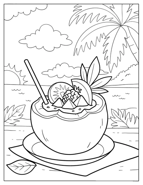 Una bebida tropical de coco con fruta se sirve ante una playa al atardecer.