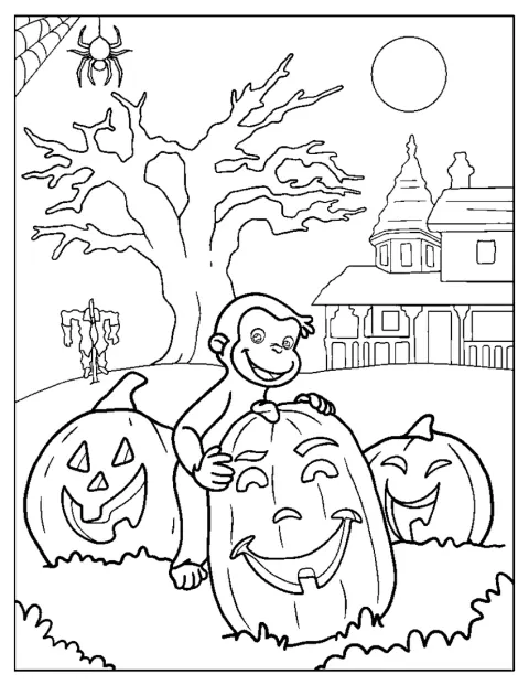 Nysgjerrige Nils står sammen med utskårne gresskar til halloween.