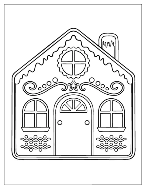 Ein Lebkuchenhaus ist mit Zuckerguss und Süßigkeiten geschmückt.