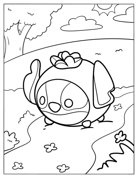 Stitch ligger i en hage.