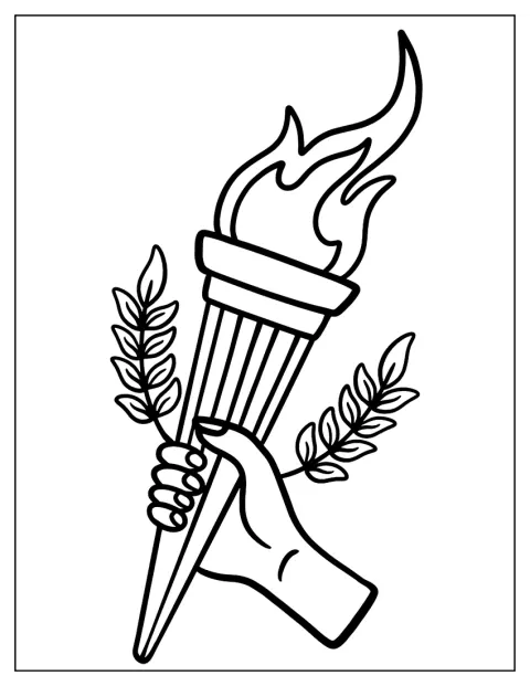 Eine Hand hält eine olympische Fackel mit brennender Flamme.