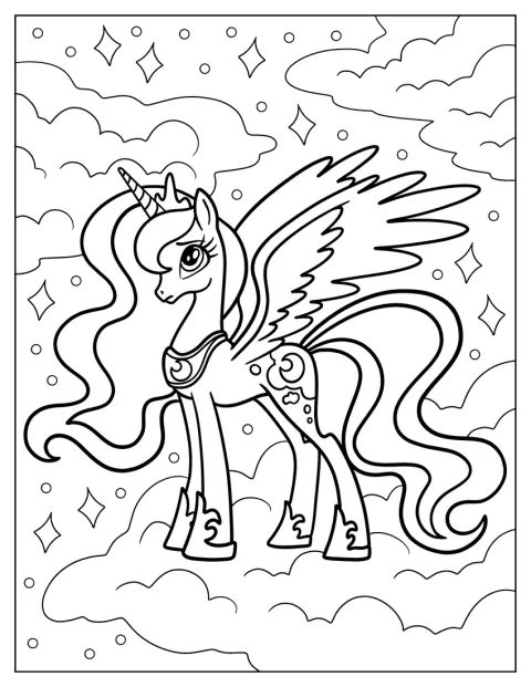 Księżniczka Luna stoi elegancko na miękkiej chmurze.