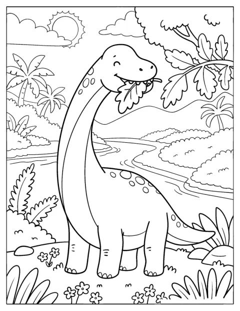 Un braquiosaurio come hojas junto a un río prehistórico.