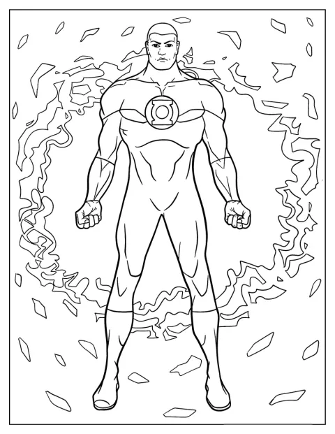 John Stewart plutește în aer în costumul de Green Lantern.