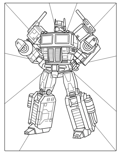 Optimus Prime står i robotform med detaljerede panserplader.