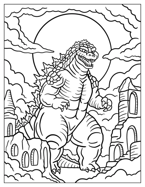 La luna llena brilla detrás de Godzilla y unas torres en ruinas.