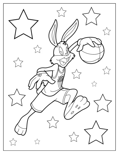 Bugs Bunny dribbelt einen Basketball neben sich.