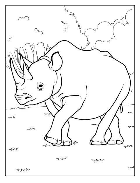 Uma cria de rinoceronte aparece de pé, com um ar curioso.