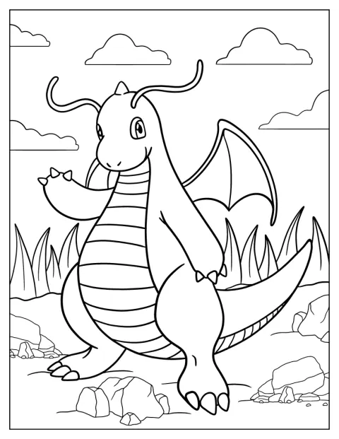 Dragonite stă cu aripile mici desfăcute și privește înainte.
