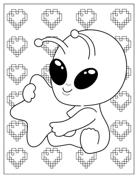 Chibi Alien Coloring Page Holding A Star For Preschoolers