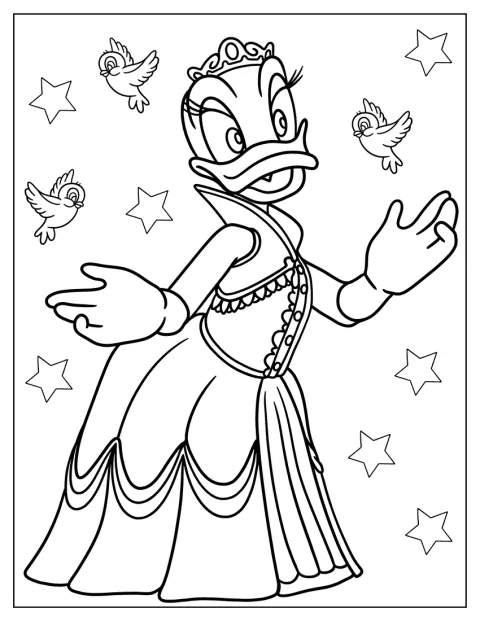 Daisy Duck luce un vestido de princesa.