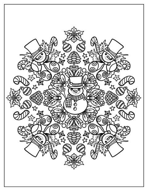 Um boneco de neve, uma bola de Natal e uma bengala doce compõem a mandala.