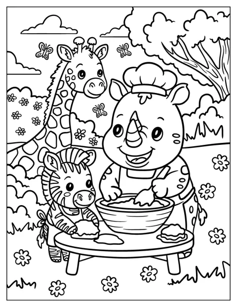 Cute Rhino Coloring Page Baking with a Zebra and a Giraffe