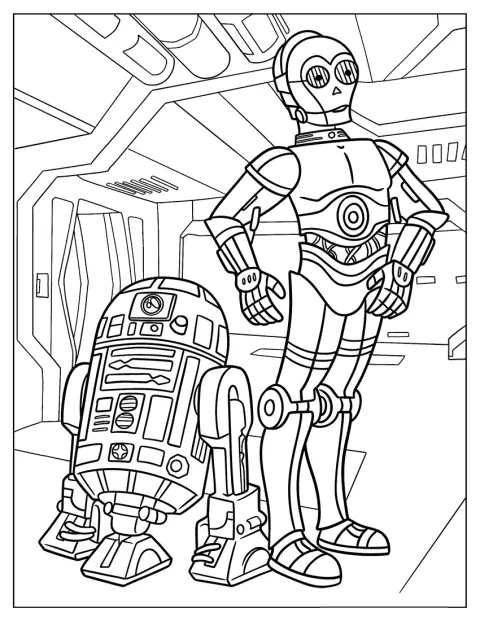 C3PO a R2-D2 stojí vedle sebe v kresleném stylu.