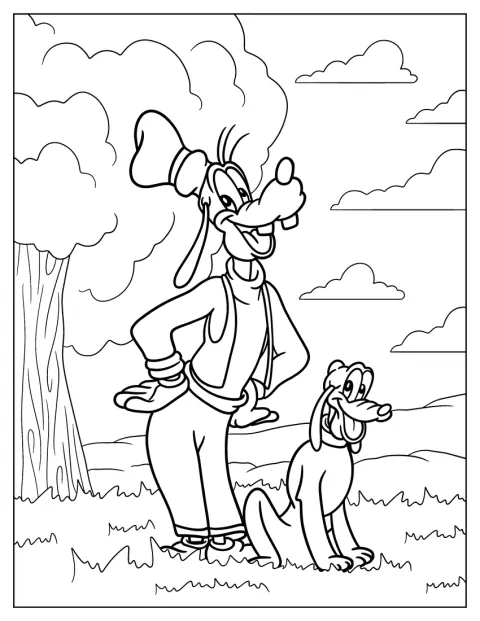 Goofy står sammen med Pluto på en mark.