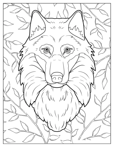 Una cabeza de lobo con mucho detalle destaca sobre un fondo de hojas.