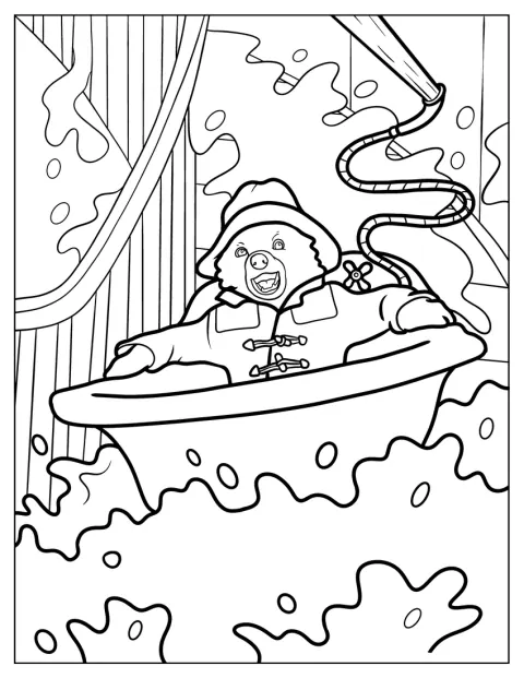 Dans une baignoire, Paddington dévale des escaliers inondés.