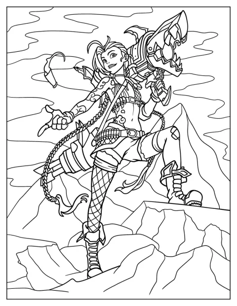 En medio del campo de batalla, Jinx dispara su ametralladora Pow-Pow.