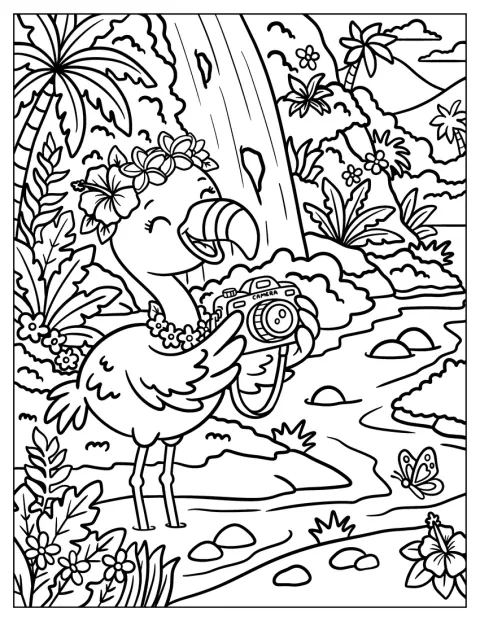 Ved en tropisk flod tager en flamingo billeder med et kamera.