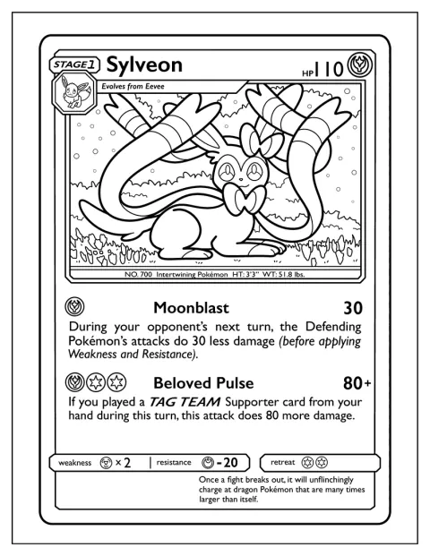 Sylveon staat afgebeeld op een Pokémon-kaart met de aanval Moonblast.