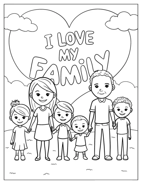 En stor familj står framför orden ”Jag älskar min familj”.