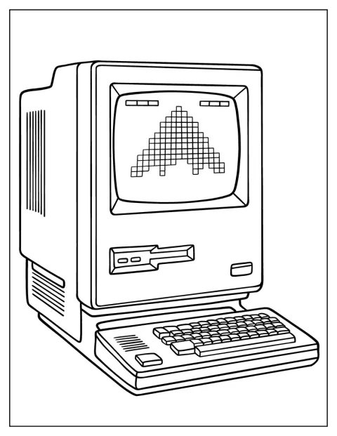 En klassisk 80-tallsdatamaskin har en stor skjerm og et tastatur.