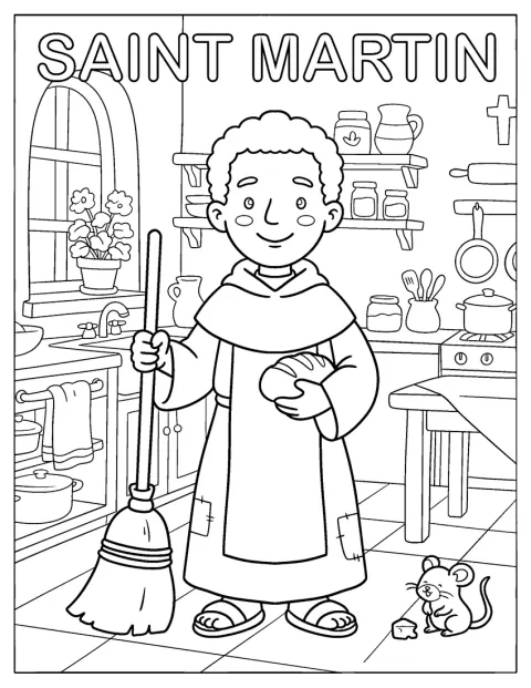 Martinus de Porres veegt met een bezem de keukenvloer.