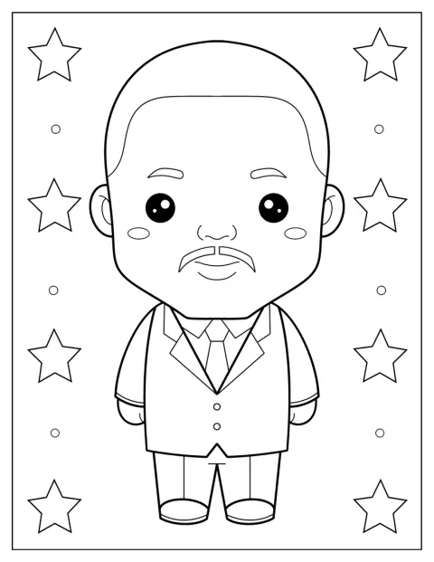 Een chibi-figuur van Martin Luther King Jr. staat tussen sterren.