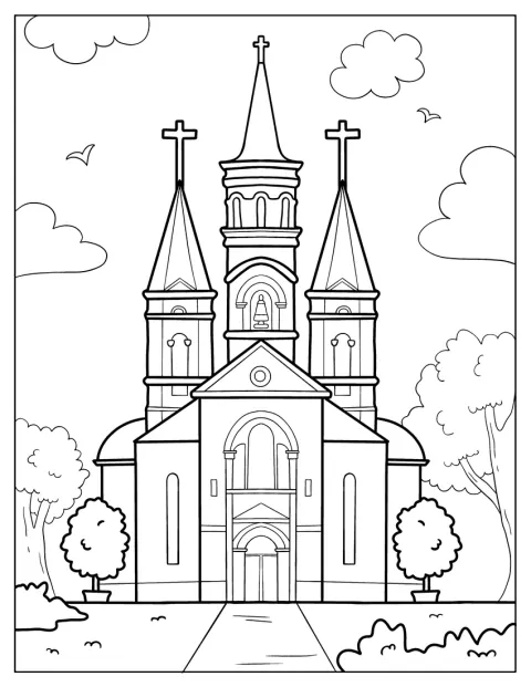 Tre croci svettano sulla sommità di una chiesa dall'aspetto realistico.