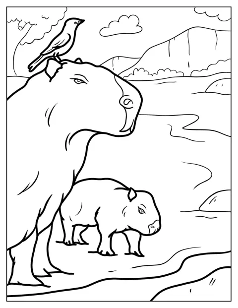 Um pássaro está pousado na cabeça da capivara.