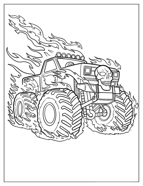 Un monster truck con una calavera aparece envuelto en llamas.